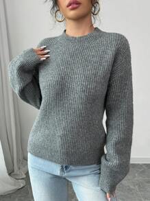 SHEIN Unity Women Deep Gray Round Neck Drop Shoulder Thick Warm Pullover Sweater Knit Pullover Fall Winter - Dark Grey - View 7