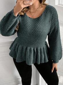 SHEIN LUNE Plus Size Women Solid Color Drop Shoulder Long Sleeve Ruffle Hem Pullover Sweater, Autumn/Winter Knit Pullover Fall Sweater - Green - View 6