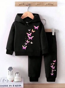 2pcs Young Girls Casual Cozy Butterfly Pattern Sweatshirt Set - Black - View 1