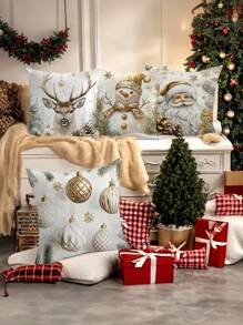 4 件套圣诞装饰现代靠垫套 - 节日金色雪人和圣诞老人设计，拉链式，编织涤纶，适用于客厅和户外沙发装饰，枕套 - 17.7 英寸 X 17.7 英寸 - 可机洗装饰盒（不含核心） - 彩色 - 查看 4