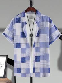 Manfinity Homme Camisa de manga corta de hombres de talla grande con parches a cuadros