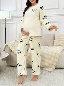Cute Panda Print Plush Maternity Pajama Set