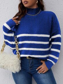 SHEIN Franclia Plus Size Women Half Turtleneck Striped Knit Sweater, Casual Style For Autumn/Winter