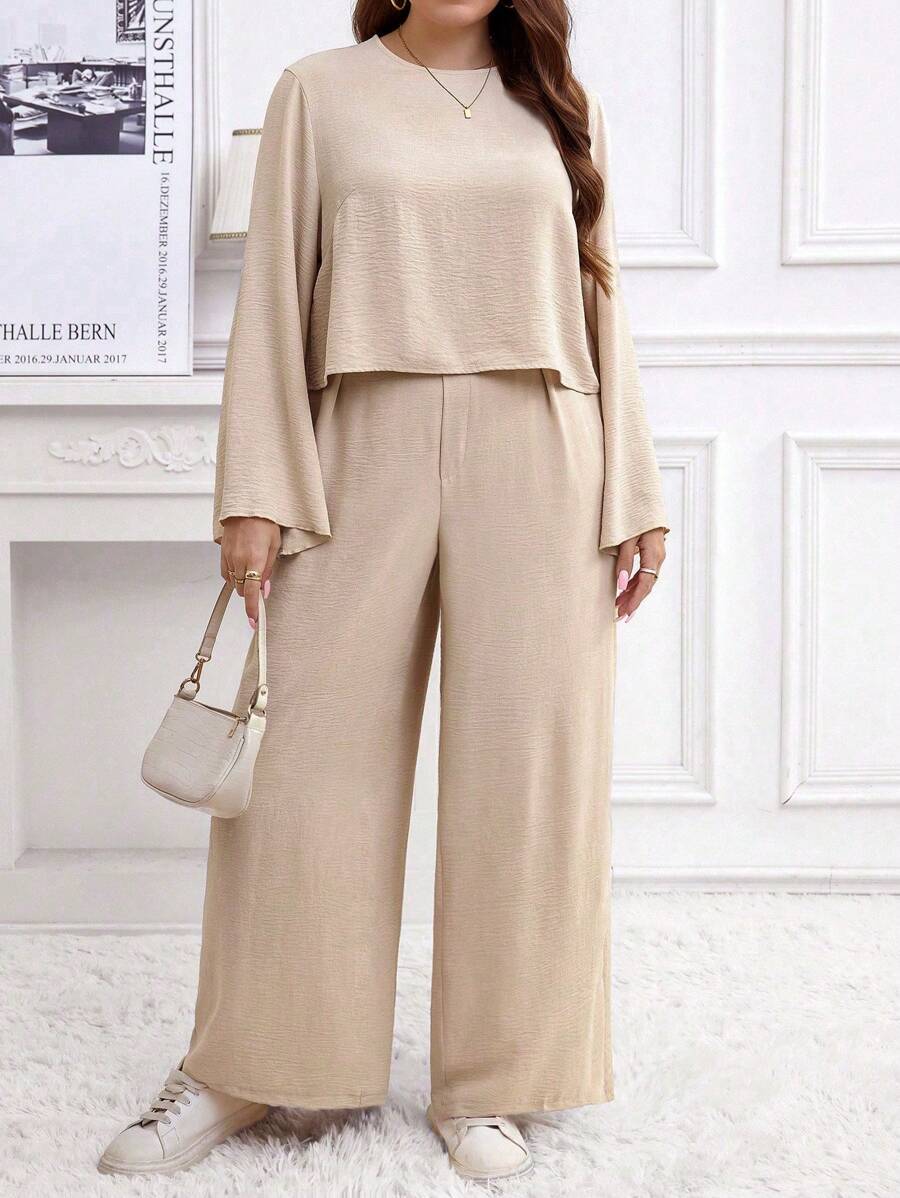 SHEIN LUNE 2pcs Plus Size Set - Solid Color Loose Bell Sleeve Top & Wide Leg Pants - Khaki - View 1