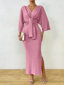 Celisse Đầm Maxi thường ngày tay cánh dơi thắt nút màu trơn thanh lịch dành cho nữ - Hồng - Xem 5