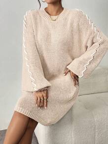 Chiquease Váy len cổ bẻ giản dị và rộng thùng thình cho nữ có thiết kế dây nút - Màu be - Xem 3