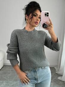 SHEIN Unity Women Deep Gray Round Neck Drop Shoulder Thick Warm Pullover Sweater Knit Pullover Fall Winter - Dark Grey - View 3