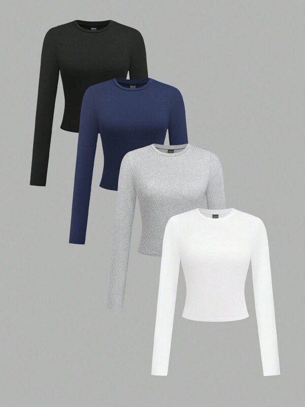 GlowEve 4 Stücke/Set Damen lässiges einfarbiges Rundhals Langarm kurzes Crop Top T-Shirt, Herbst & Winter