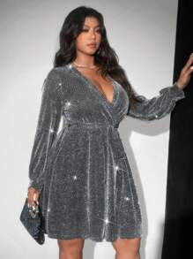Viva Relle Plus Size Casual Glitter Elegant V-Neck Waist Cinched Dress For Autumn