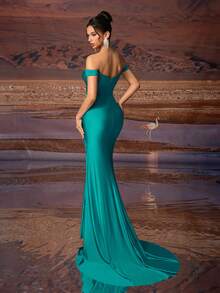 Women's Glamorous Rhinestone Off-Shoulder Ruched High Slit Evening Gown, Party Dress, Elegant Formal Prom Dress, For Wedding Guest, Graduation, Dinner - Green - View 4