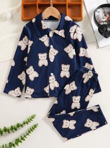 2 bộ quần áo cardigan dài tay họa tiết gấu đơn giản màu xanh navy cho bé trai và bộ đồ ngủ thoải mái thường ngày - Màu xanh hải quân - Xem 1