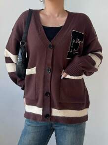 SHEIN LUNE 女士休闲圆领条纹长袖开衫，适合秋冬季 - 咖啡棕 - 查看 5