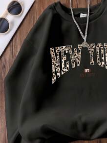 SHEIN Sparklyn Tween Girl Casual Plain Color Leopard Print Letter Round Neck Sweatshirt - Black - View 3