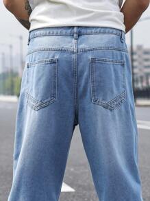 Manfinity Homme Men's Casual Faded Tapered Baggy Denim Jeans, Plain Jeans Long Straight Leg Light Blue Washed Cargo Jeans, For Husband, Boyfriend Gifts, Loose Jeans Pants For Men Going Out Hang Out Commute Vacation Urban - Light Wash - View 7