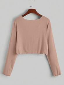 Calvaya Plus Size Women Solid Ribbed Lettuce Trim Front Tie Cropped Top - Dusty Pink - View 2