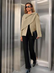 SHEIN Essnce 2024 Herbst Damen Flughafen Mode lässige, weite, vielseitige schwarze Woll-Jacke Design Einteiliges Schal kurze Strickjacke Winter warme Woll-Jacke