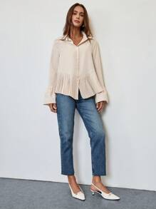 Chiquease Women Ruffled Sleeve Pleated Hem Casual Blouse, Spring & Autumn Fall Cloth For Women