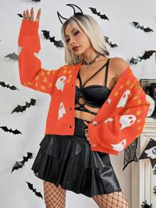 Chiquease 女士 V 领纽扣长袖万圣节卡通鬼月星印花开衫 - 彩色 - 查看 7