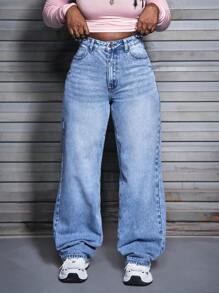 SHEIN Slayr Quần Jeans Ống Thẳng Lưng Cao Thường Ngày Có Túi Cho Nữ - Rửa nhẹ - Xem 4