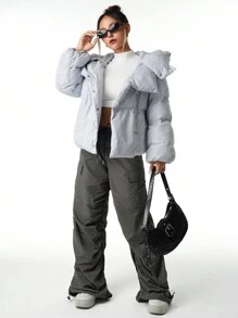 SHEIN 少女 2024 秋冬新款休闲街头风保暖短款棉服外套 - 灰色 - 查看 8