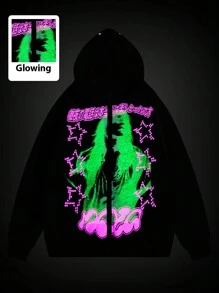 ROMWE MEN Street Life Men's Luminous Street Print Zip-Up Hoodie - Black - View 1