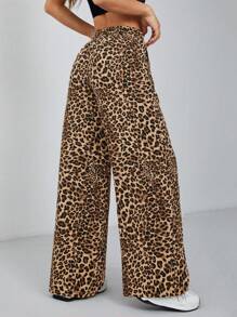 SHEIN PETITE Women's Wide-Leg Street Pants In Leopard Print Woven - Multicolor - View 2
