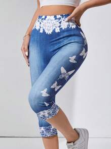 SHEIN LUNE 牛仔效果弹力腰部七分裤 - 彩色 - 查看 6