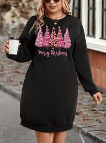EMERY ROSE Plus Size Women Christmas Casual Leopard Print Christmas Tree & Letter Graphic Dropped Shoulder Loose Fleece Sweatshirt Dress, Autumn/Winter - Black - View 4