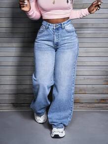 SHEIN Slayr Quần Jeans Ống Thẳng Lưng Cao Thường Ngày Có Túi Cho Nữ - Rửa nhẹ - Xem 5
