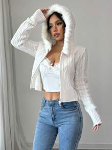 Chiquease Áo khoác cardigan lông trùm đầu tay dài màu trơn cổ khóa kéo thường ngày cho nữ, mùa thu/đông - Màu be - Xem 3