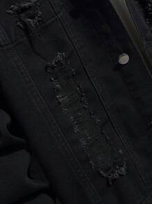 Manfinity Homme Men's Solid Color Front Button Ripped Casual Long Sleeve Denim Jacket, For Fall