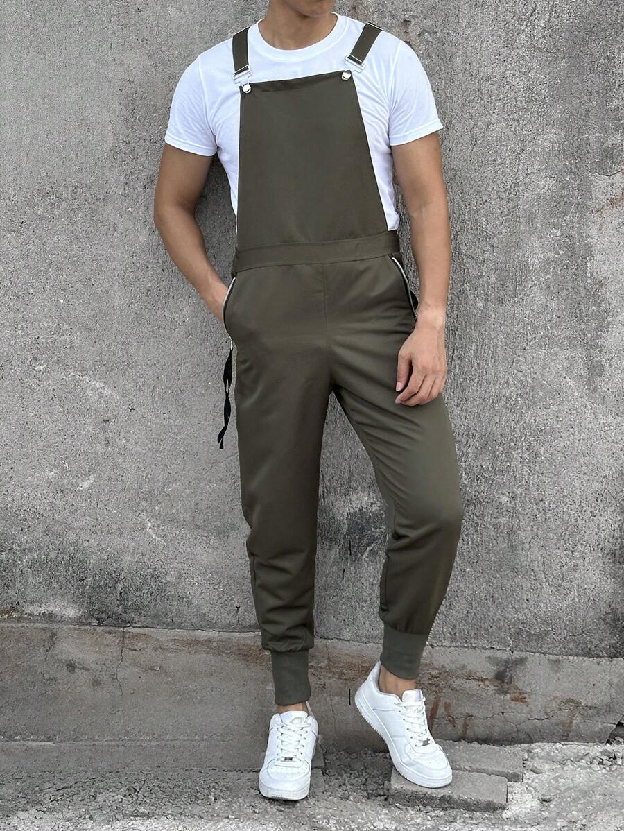 Manfinity Homme Men's Casual Versatile Solid Color Zipper Pocket Suspender Pants - Army Green - View 1