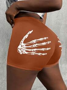 VaVaBold 女士时尚骷髅手印花弹力夏季骑行短裤 - 亮橙色 - 查看 3