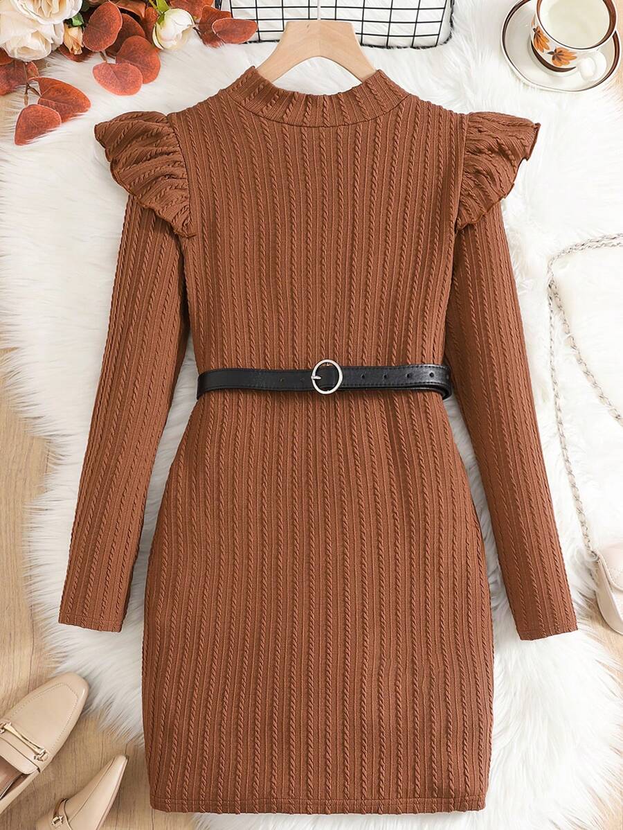 SHEIN Leap Crew 少女咖啡棕色大地色高领盖袖荷叶边下摆纹理针织修身复古休闲百搭连衣裙 - 咖啡棕 - 查看 1