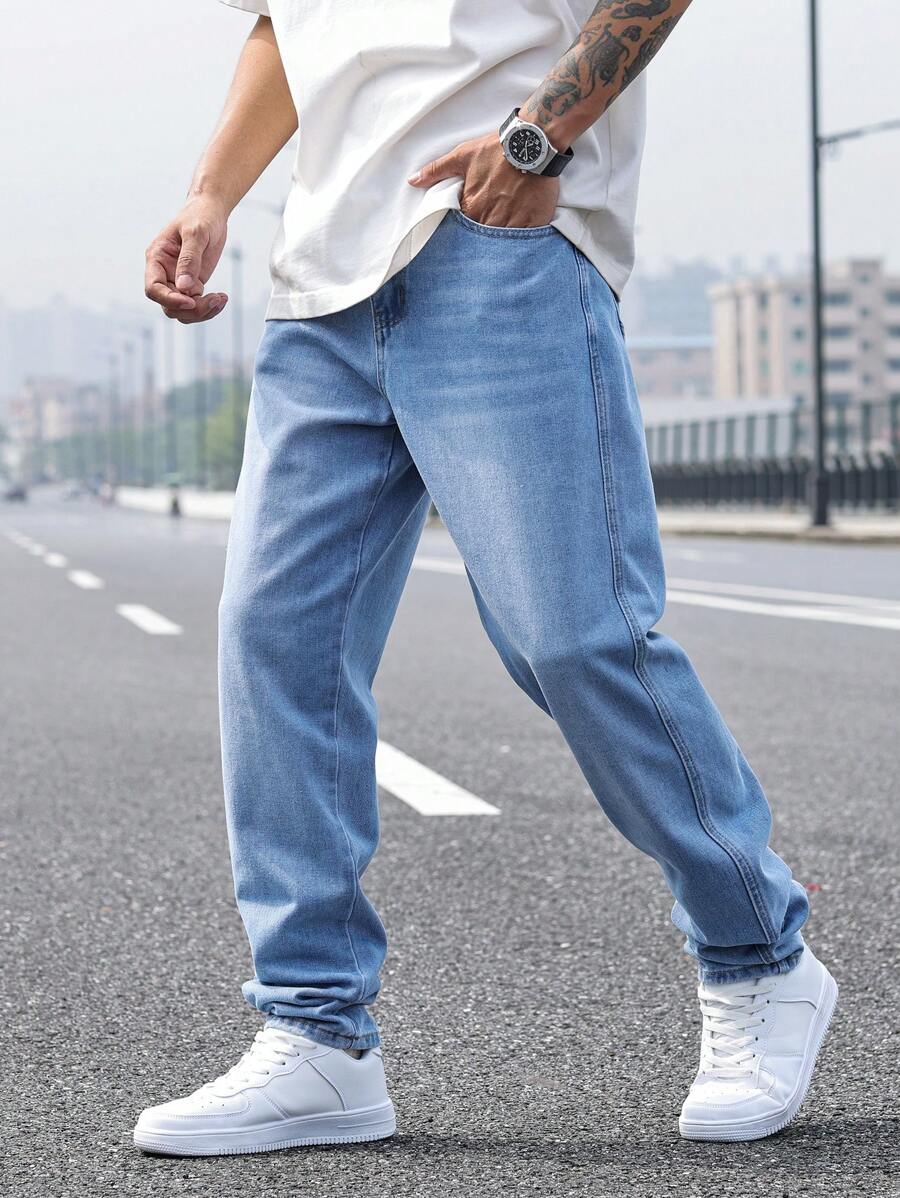 Manfinity Homme Men's Casual Faded Tapered Baggy Denim Jeans, Plain Jeans Long Straight Leg Light Blue Washed Cargo Jeans, For Husband, Boyfriend Gifts, Loose Jeans Pants For Men Going Out Hang Out Commute Vacation Urban - Light Wash - View 1