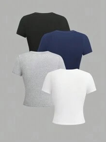 GlowEve Set de 4 camisetas ajustadas de manga corta y cuello redondo de unicolor para mujer