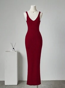 SHEIN Unity 女士 V 领露背无袖修身优雅毛衣连衣裙新年服装 - 紅色 - 查看 1