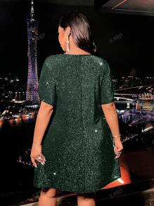 Plus Size Women Elegant V-Neck Petal Sleeve Glitter Mini Dress, Summer