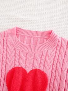 Cozy Pixies Young Girl Heart Pattern Knit Pullover Sweater, Casual Versatile Round Neck Drop Shoulder - Hot Pink - View 5