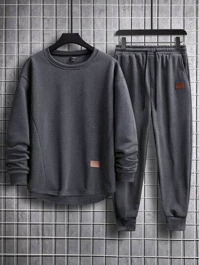 Manfinity Homme Men Patched Detail Loose Fit Sweatshirt & Drawstring Waist Sweatpants, Men Sweatsuit Set, Men Long Sleeve Sets, Casual Men Set, Fall Clothes