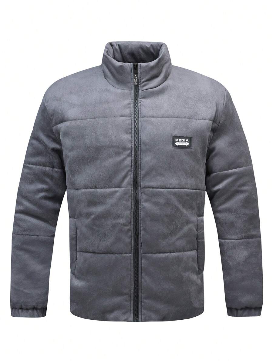 Manfinity Homme 男士纯色前拉链长袖休闲棉服外套，简约风格，适合日常穿着 - 灰色 - 查看 1