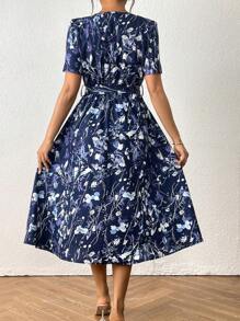 Chiquease 女式度假风格满花印花方领系腰中长连衣裙，夏季 - 彩色 - 查看 2