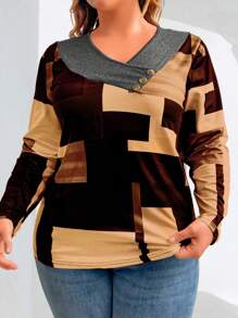 EMERY ROSE 大码拼接纽扣装饰长袖休闲T恤，印花图案，女士春季上衣 - 彩色 - 查看 3