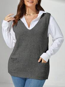Plus Size V-Neck Loose Knit Sweater Vest Casual, Autumn, For Winter - Dark Grey - View 1