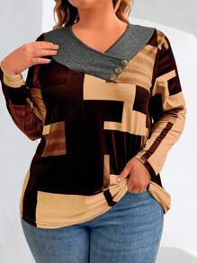 EMERY ROSE 大码拼接纽扣装饰长袖休闲T恤，印花图案，女士春季上衣 - 彩色 - 查看 4