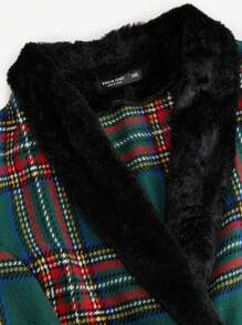 SHEIN Unity 大码休闲格子蓬松拼布双排扣绿色长款大衣，秋冬款 - 彩色 - 查看 5