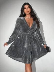 Viva Relle Plus Size Casual Glitter Elegant V-Neck Waist Cinched Dress For Autumn