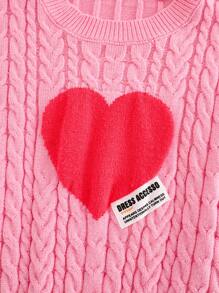 Cozy Pixies Young Girl Heart Pattern Knit Pullover Sweater, Casual Versatile Round Neck Drop Shoulder - Hot Pink - View 4