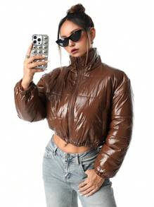 SHEIN 2024 秋冬青少年女孩优雅天鹅绒领子棉服外套 - 黑色 - 查看 7