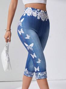 SHEIN LUNE 牛仔效果弹力腰部七分裤 - 彩色 - 查看 3